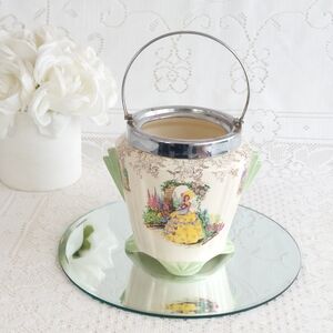 1930s Art Deco Weatherby Biscuit Barrel, Crinoline Lady Garden Scene Flower Vase